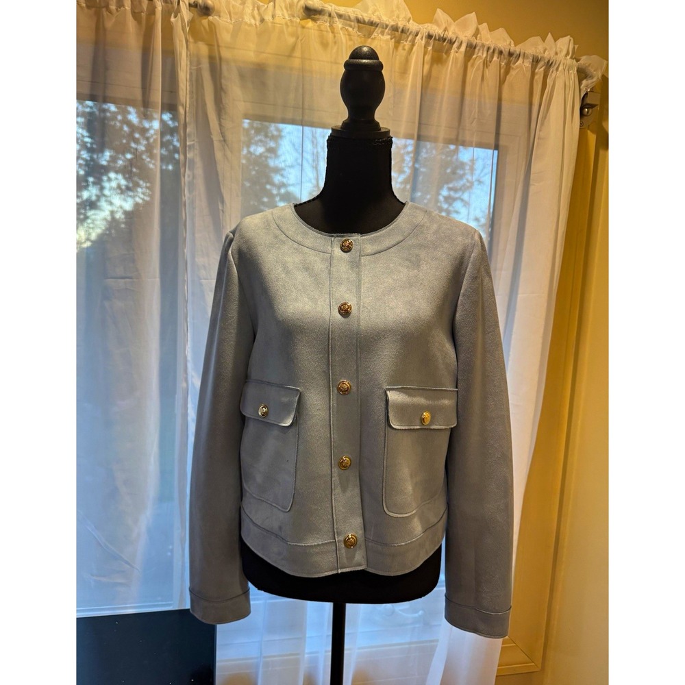 Philosophy Republic Clothing Blue Button Front Pocket Jacket Women M Faux Suede